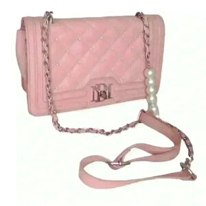 Badgley Mischka Quilt & Faux Pearl Blush Crossbody Bag Purse Pink